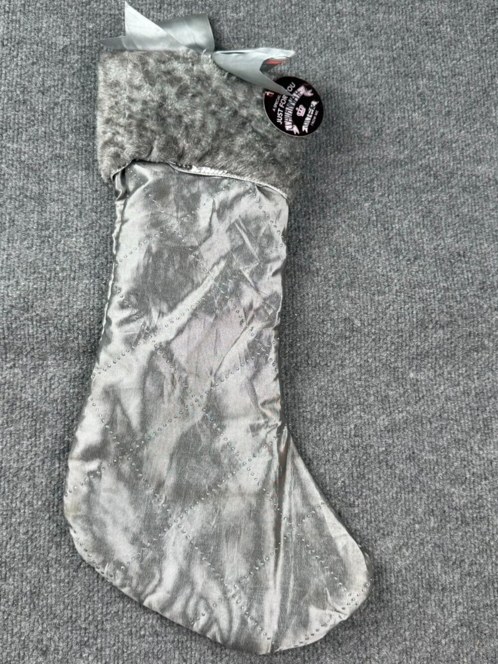 Savannah Sister Christmas Stocking 21" Silver Satin Quilted Rhinestone Faux Fur